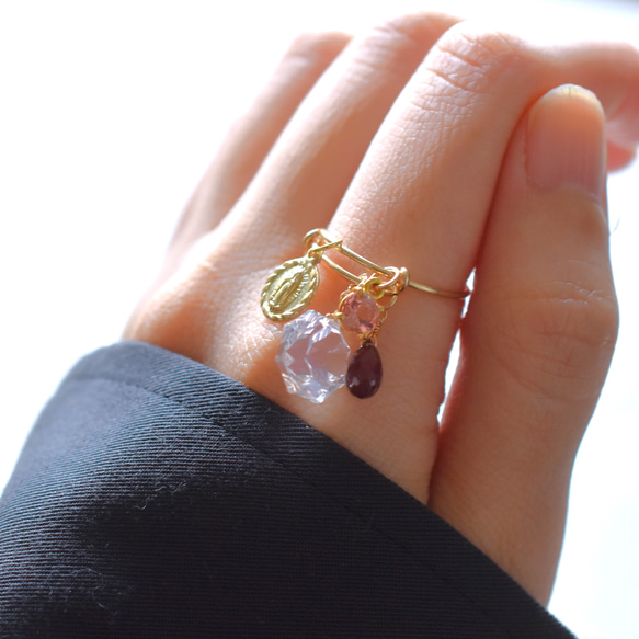 【數量有限】粉紅魅力寶石品質玫瑰石英和碧璽&amp;徽章14KGF滑環（戒指） 第5張的照片