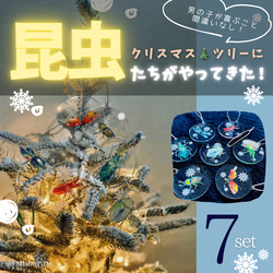 【クリスマス】昆虫オーナメント7個セット　カブトムシ　クワガタ　てんとう虫　キラキラ昆虫　プレゼント 1枚目の画像