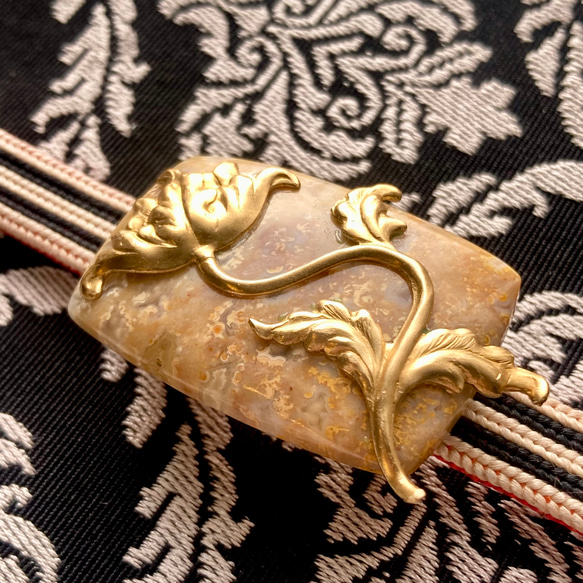 ✤菊目石（フォシルコーラル）と芥子の帯留め✤ アール・ヌーヴォー 9枚目の画像