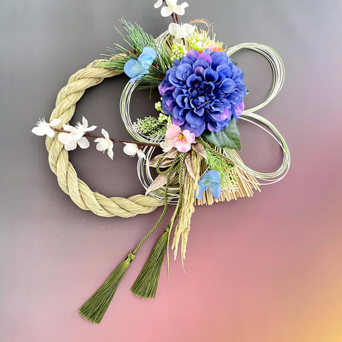 早割＊美麗ブルーダリアと五重水引きで祝う新年のお正月しめ縄飾り