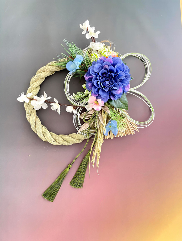 早割＊美麗ブルーダリアと五重水引きで祝う新年のお正月しめ縄飾り