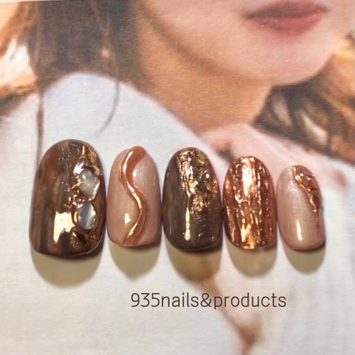 ネイルチップ ダークブラウン×アッシュローズ×ブロンズ ニュアンス  