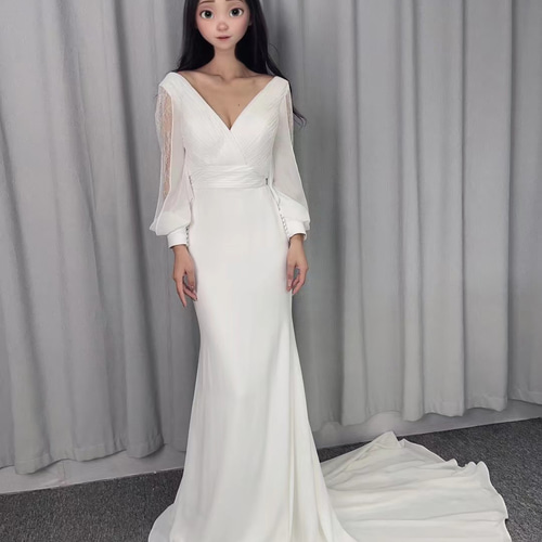 エレガント 高級サテン マーメイドドレス 深めvネック くるみ