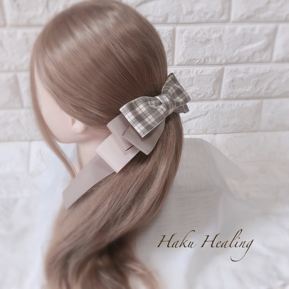チェックリボン 秋冬 バナナクリップ アーチ型 シュシュ ヘアクリップ 