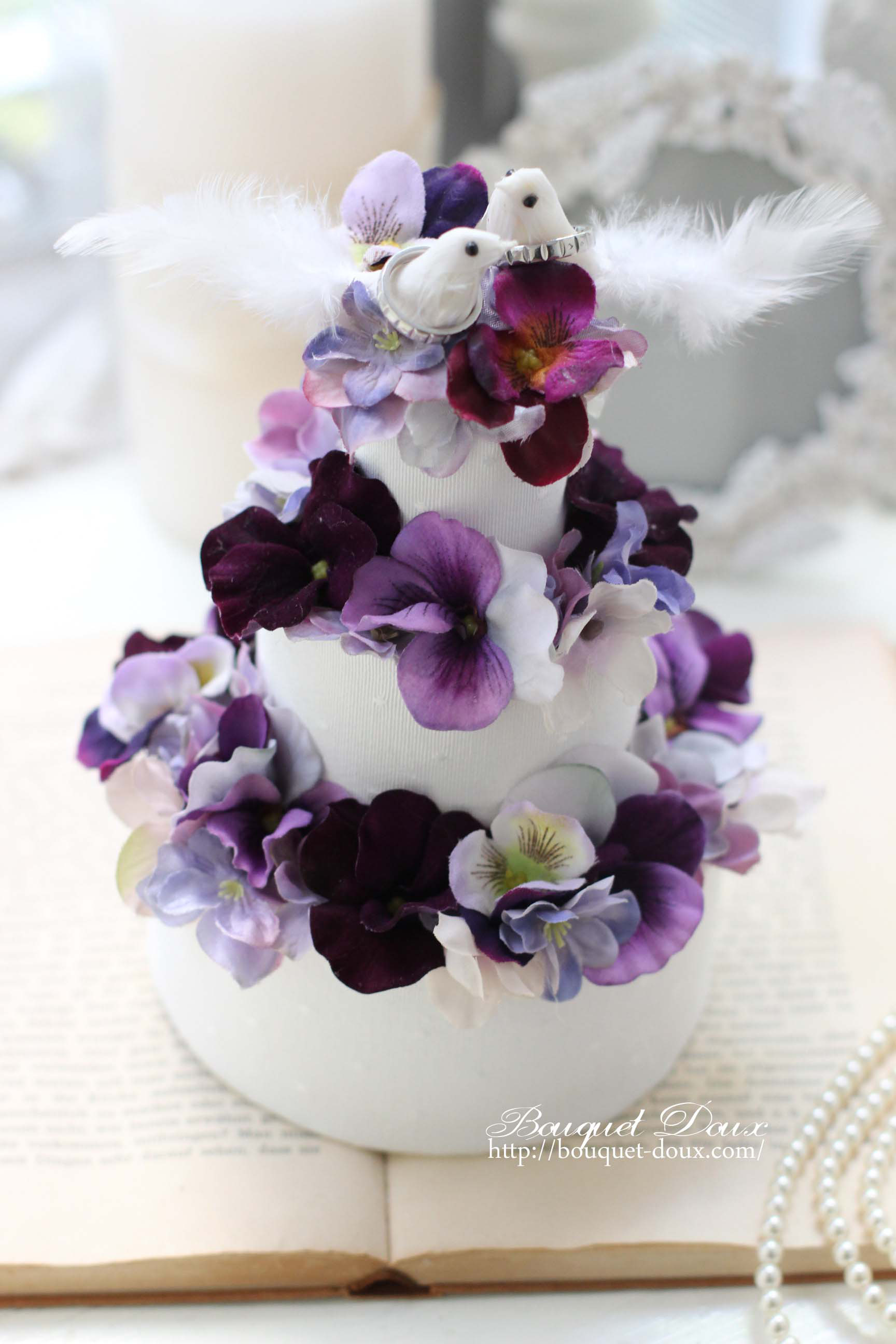 【リングピロー3】小鳥のリングピロー　ケーキの形のリングピロー　アーティフィシャルフラワー　造花