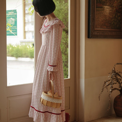 玫瑰粉色 法式少女甜美翻領洋裝 宮廷風連身裙 含棉質裡佈防透光 第12張的照片