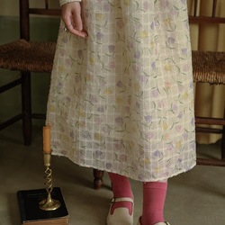 奶芙鬱金香 法式復古少女立領華夫格拼接洋裝 花花假兩件連衣裙 第18張的照片