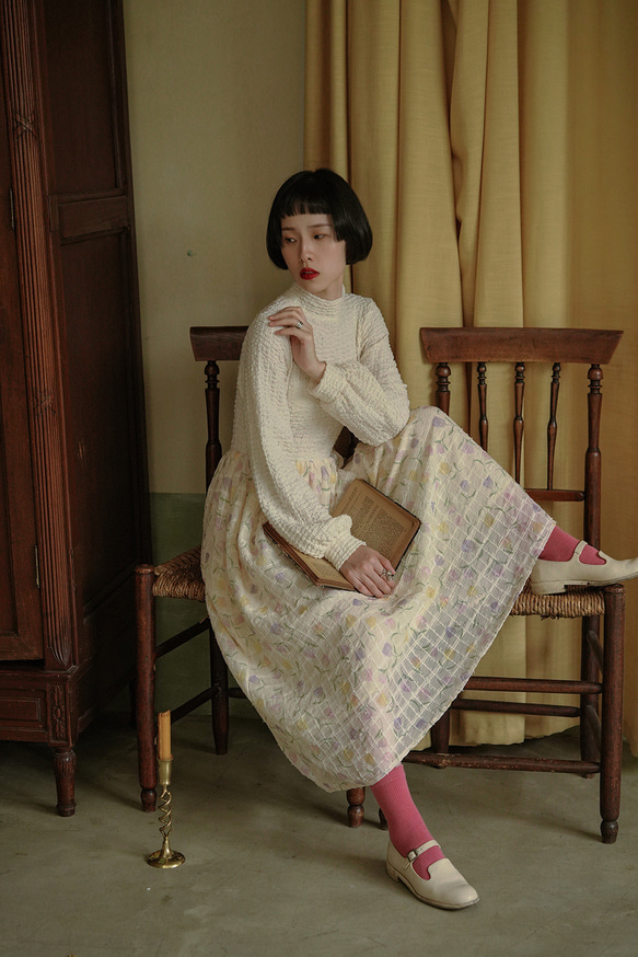 奶芙鬱金香 法式復古少女立領華夫格拼接洋裝 花花假兩件連衣裙 第15張的照片