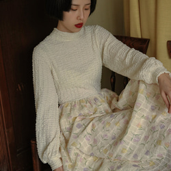 奶芙鬱金香 法式復古少女立領華夫格拼接洋裝 花花假兩件連衣裙 第20張的照片