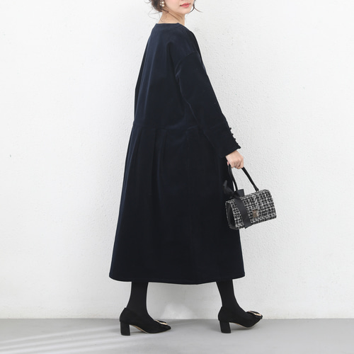 即納】（再販×8）コーデュロイ タック ゆったり ワンピース・ネイビー