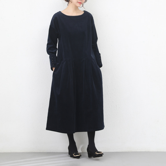 45R ゆったりコーデュロイワンピース　ネイビー 即納】（再販×8）コーデュロイ タック ゆったり ワンピース・ネイビー