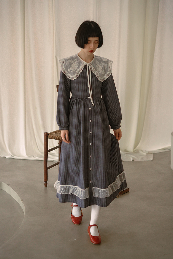 藏青藍細格紋 法式少女小清新娃娃領洋裝 棉質長袖歐根紗連衣裙 第20張的照片