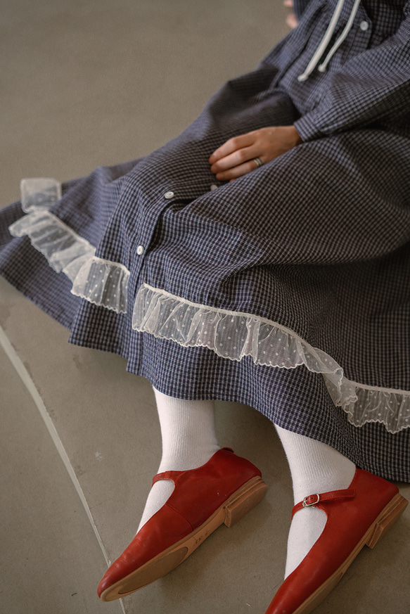 藏青藍細格紋 法式少女小清新娃娃領洋裝 棉質長袖歐根紗連衣裙 第18張的照片