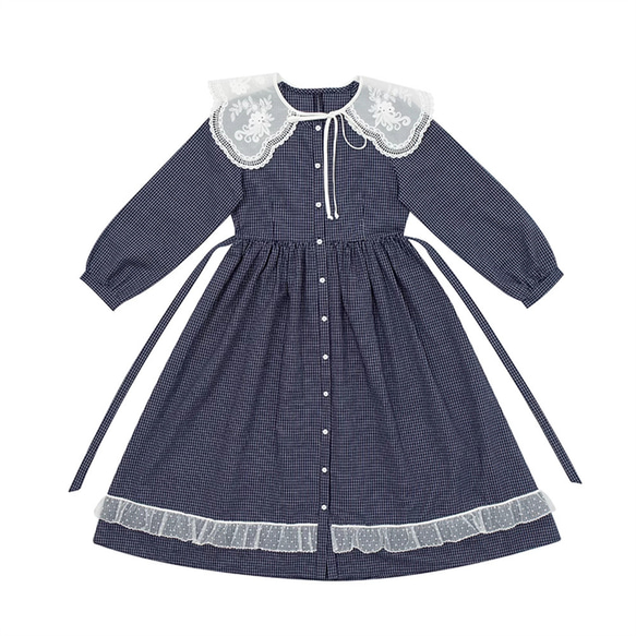 藏青藍細格紋 法式少女小清新娃娃領洋裝 棉質長袖歐根紗連衣裙 第2張的照片
