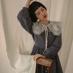 藏青藍細格紋 法式少女小清新娃娃領洋裝 棉質長袖歐根紗連衣裙 第8張的照片