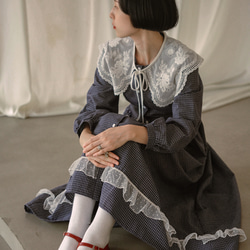 藏青藍細格紋 法式少女小清新娃娃領洋裝 棉質長袖歐根紗連衣裙 第17張的照片
