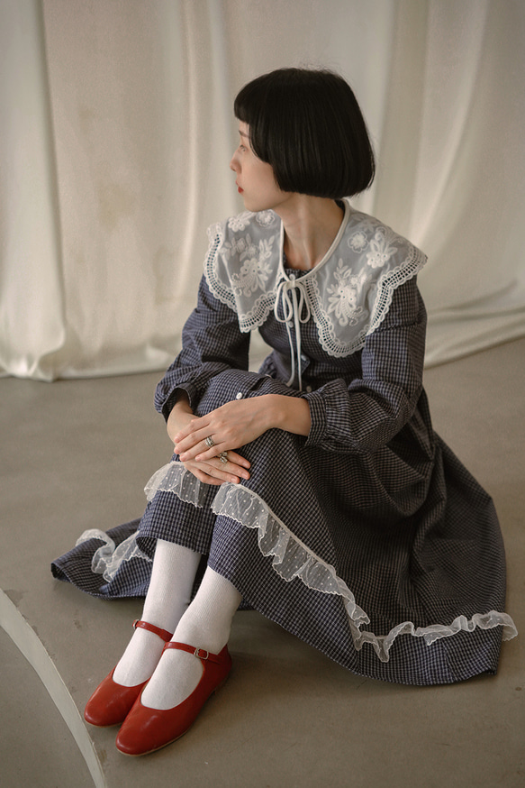 藏青藍細格紋 法式少女小清新娃娃領洋裝 棉質長袖歐根紗連衣裙 第17張的照片