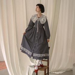 藏青藍細格紋 法式少女小清新娃娃領洋裝 棉質長袖歐根紗連衣裙 第14張的照片