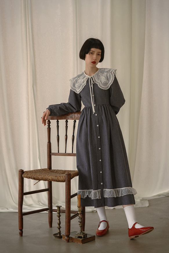 藏青藍細格紋 法式少女小清新娃娃領洋裝 棉質長袖歐根紗連衣裙 第19張的照片