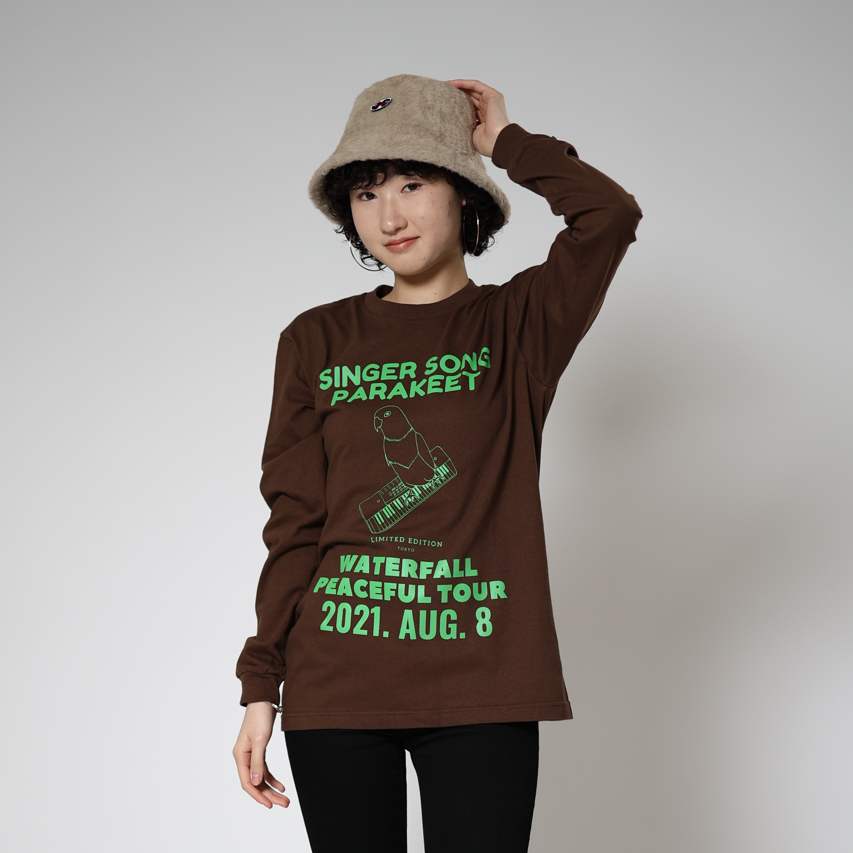 インコ長袖Tシャツ「インコピアノ/シンセサイザー」ブラウン Sサイズ WATERFALLオリジナル商品