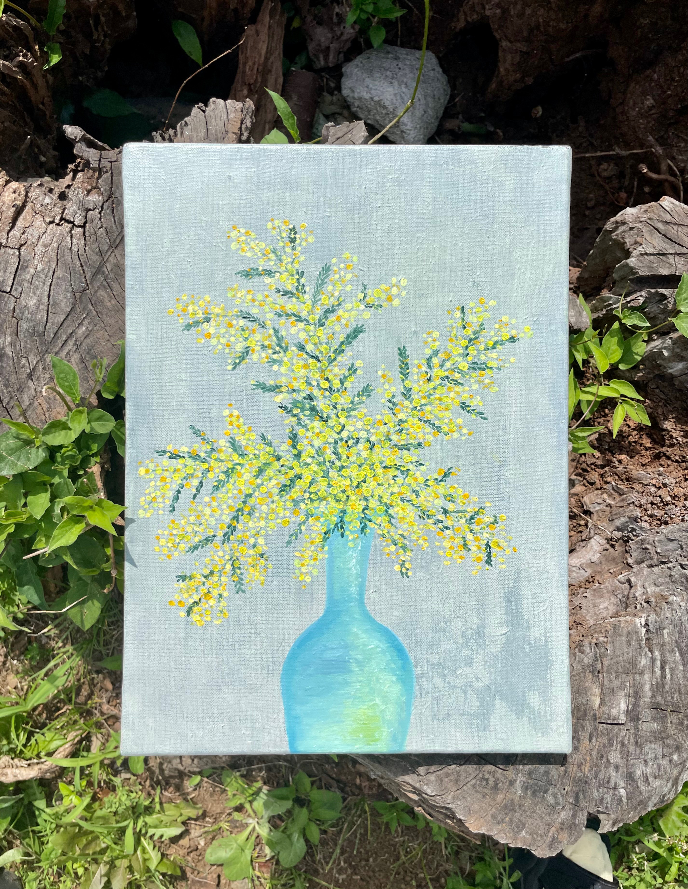 油絵】【原画】花と花器 no.4 ミモザ /Flowers and vases Number 4