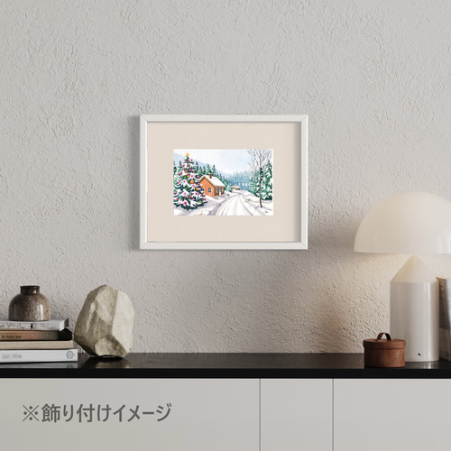 ホワイトクリスマス01」透明水彩画 原画 風景画 額縁付 SM