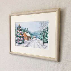 「ホワイトクリスマス０１」透明水彩画　原画　風景画　額縁付　SMサイズ 4枚目の画像