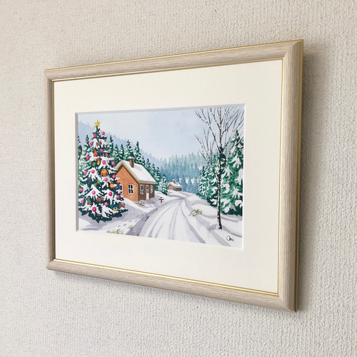 ホワイトクリスマス01」透明水彩画 原画 風景画 額縁付 SMサイズ