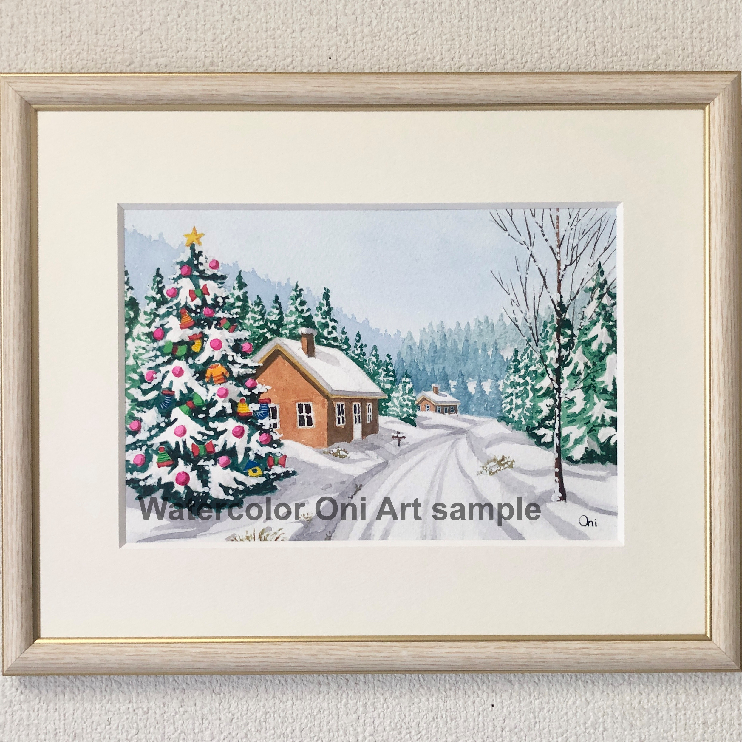 透明水彩画　原画　「ホワイトクリスマス０１」額縁付　SMサイズ dbedaaf622b92793bbac51a885ddeb