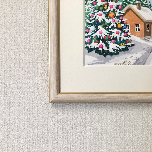 透明水彩画　原画　「ホワイトクリスマス０１」額縁付　SMサイズ 透明水彩画原画「ホワイトクリスマス01」額縁付SMサイズ