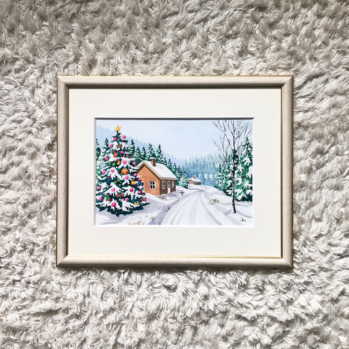 透明水彩画　原画　「ホワイトクリスマス０１」額縁付　SMサイズ 透明水彩画原画「ホワイトクリスマス01」額縁付SMサイズ