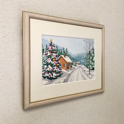 「ホワイトクリスマス０１」透明水彩画　原画　風景画　額縁付　SMサイズ 3枚目の画像