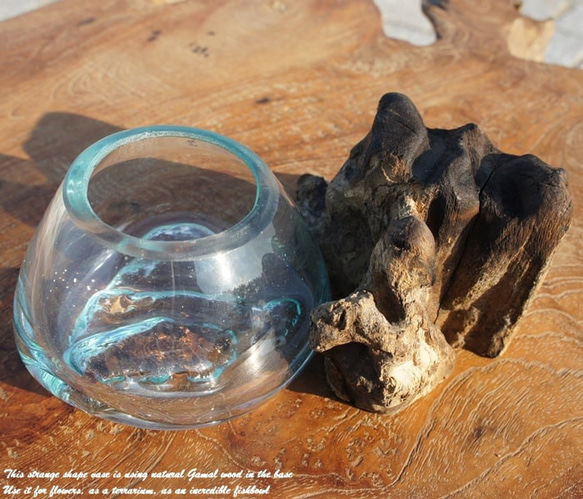 吹きガラスと天然木のオブジェTN 金魚鉢 メダカ 水槽 アクアリウム テラリウム コケリウム 花瓶 流木ガラス ブルー 6枚目の画像