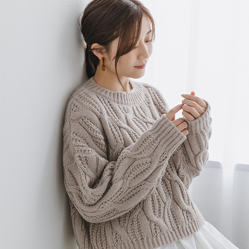 全5色】クルーネック モヘアタッチ ざっくり透かし編みニット