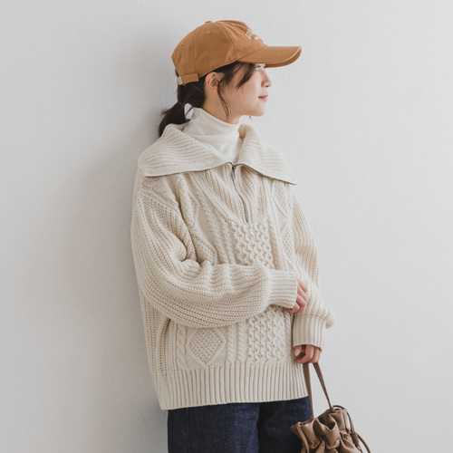 全3色】ハーフジップ ケーブル柄ニット 23690 ニット・セーター ihuu