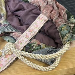 キルト生地とファー素材とゴブラン織り花柄の刺繍リボン巾着バッグ 秋冬 5枚目の画像
