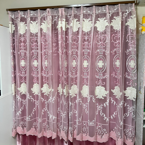 刺繍柄 レースカーテン 2枚組 レース 刺繍 ミラー ピンク 緑 刺繍柄 レースカーテン 2枚組 レース 刺繍 ミラー ピンク 緑
