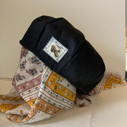 b-5) 倉敷ダスティウォッシュヘリンボン＊黒リネン生地のベレー帽 頭囲約 56cm 1枚目の画像