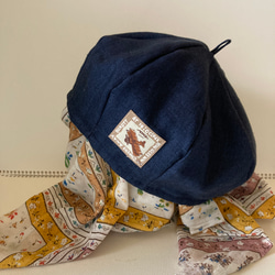 b-6) 倉敷ダスティウォッシュヘリンボン ＊紺リネン生地のベレー帽 1枚目の画像