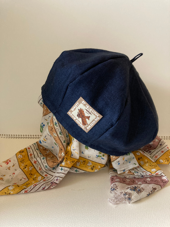 b-6) 倉敷ダスティウォッシュヘリンボン ＊紺リネン生地のベレー帽 1枚目の画像