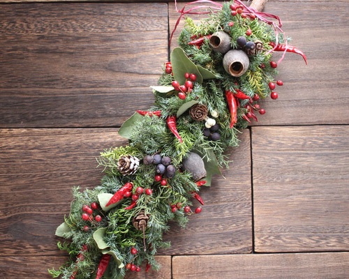 実ものたっぷりグリーンを楽しむリース ドライアンドラ 実ものたっぷり