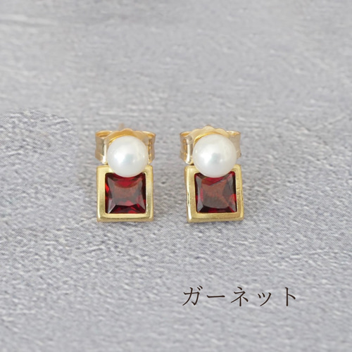 14kgf 貝パールと天然石2wayスクエアピアス ジルコニア ガーネット  