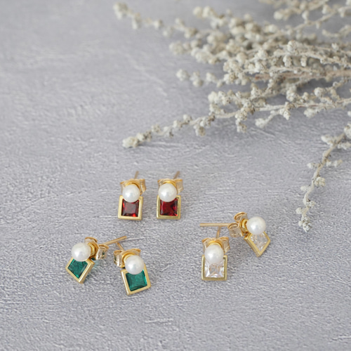 14kgf 貝パールと天然石2wayスクエアピアス ジルコニア ガーネット  