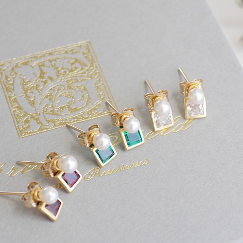 14kgf 貝パールと天然石2wayスクエアピアス ジルコニア ガーネット  