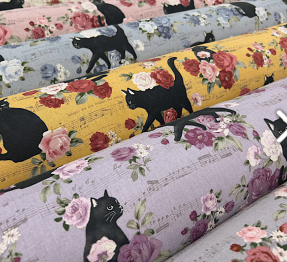 黒猫とバラのアンサンブル柄【オーダー生地見本】 和装小物（帯・半襟  