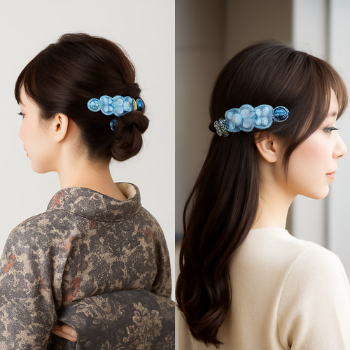 夏 花 バレッタ ヘアアクセサリー 髪飾り 水色 ニュアンス ブルー 成人