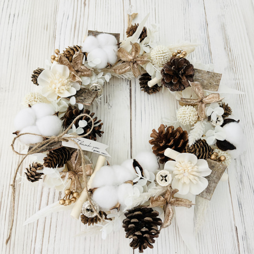 ホワイトクリスマスリース アーティフィシャルフラワー ドライフラワー