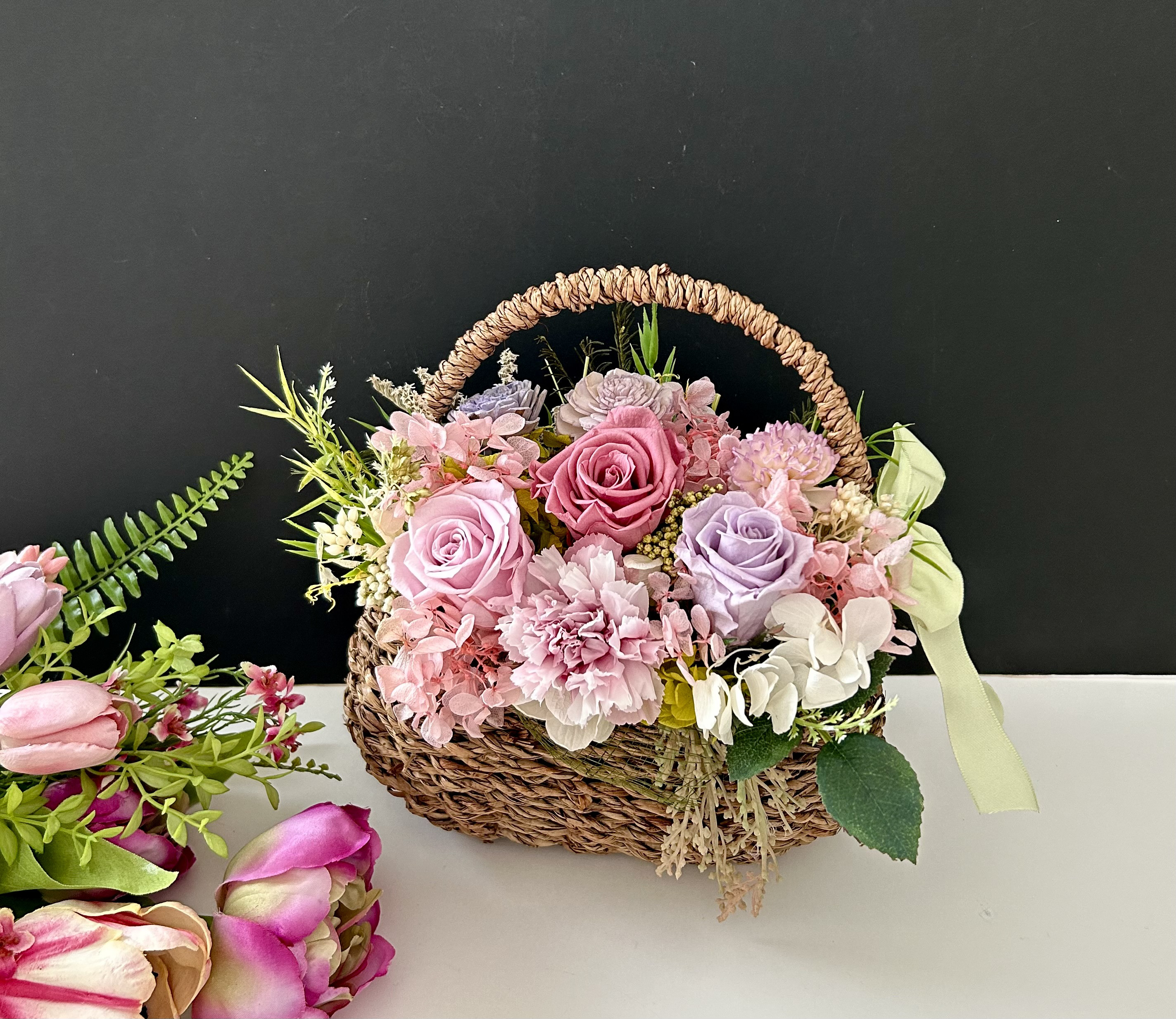 ご結婚お祝いやプレゼント♡籠バッグフラワーアレンジ「受注制作」