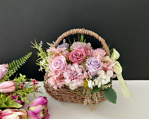 桜とバラのwood boxアレンジメント】アーティフィシャルフラワー