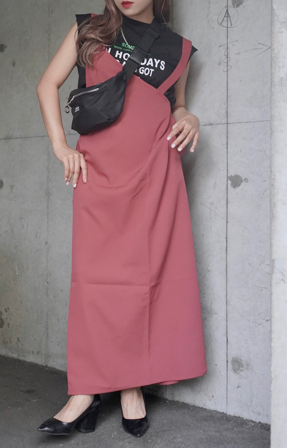 2type Strap Long Jumper Skirt (pink) ロング丈ワンピース レッド 赤 カジュアル 4枚目の画像